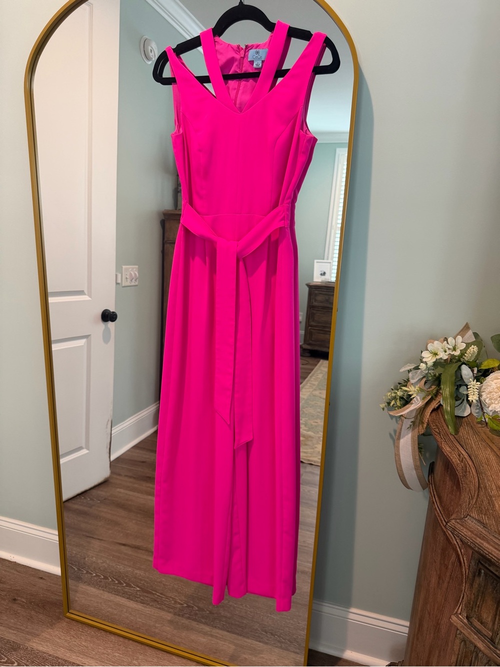 Hot Pink Sleeveless V-Neck Maxi Dress with Tie Waist
